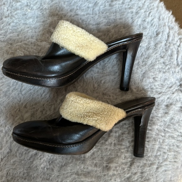 Coach Kacie vintage high heel clog mules shearling trim Made in Italy dark brown - Picture 3 of 10